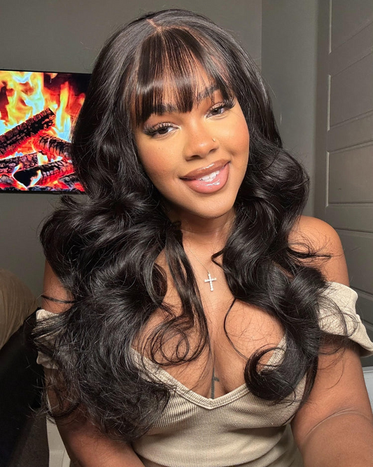 Pre-Everything Layered Cut Body Wave Black Fluffy Natural With Curtain Bangs Wear Go Wig