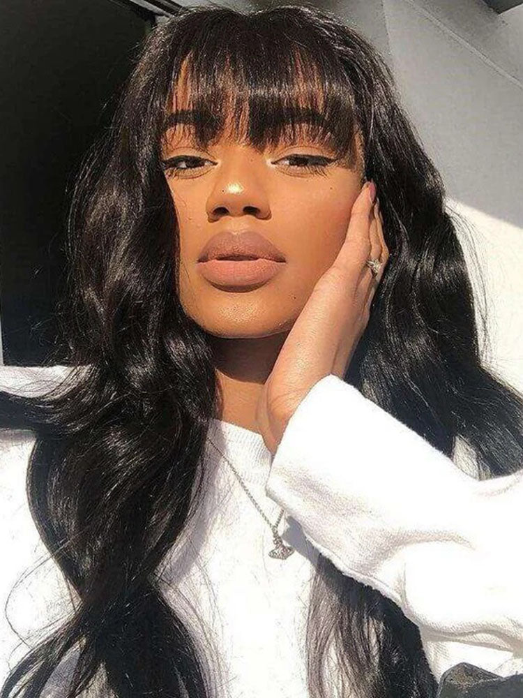 Pre-Everything Layered Cut Body Wave Black Fluffy Natural With Curtain Bangs Wear Go Wig