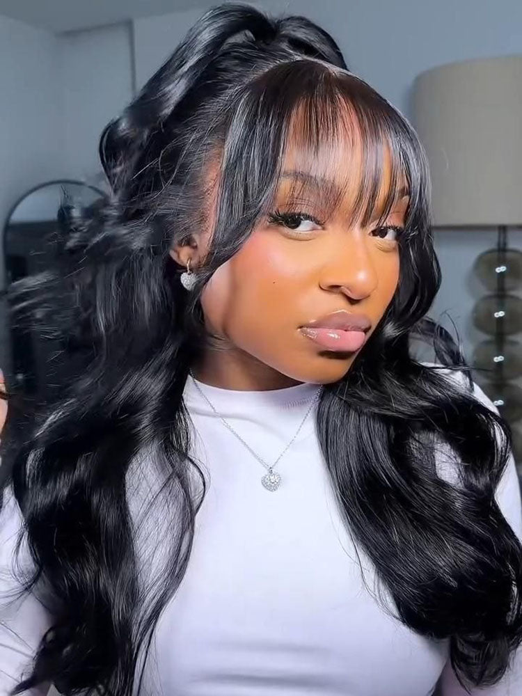 Pre-Everything Layered Cut Body Wave Black Fluffy Natural With Curtain Bangs Wear Go Wig