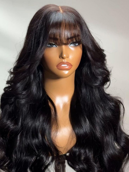 Pre-Everything Layered Cut Body Wave Black Fluffy Natural With Curtain Bangs Wear Go Wig